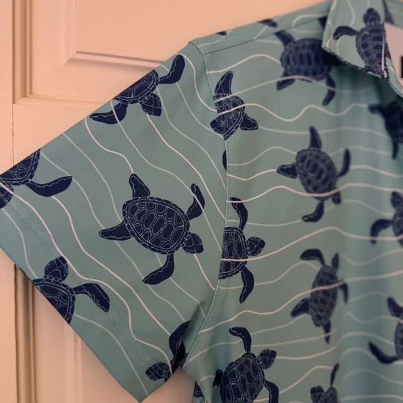 Waggle Men’s (L) Polo Shirt Stretch Performance Size L Aqua Blue Turtle Pattern - Picture 4 of 8